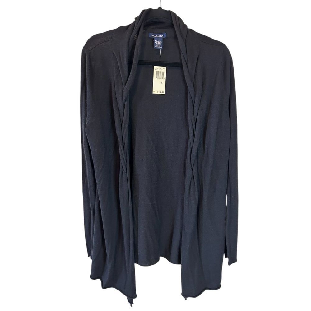 Max Edition Black Open Front Cardigan Draped Neck Cotton‎ Blend Soft Knit Size L